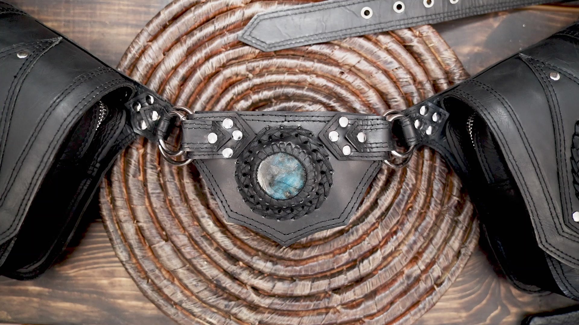 Handmade leather waist belt with gemstone detailed utility pouches