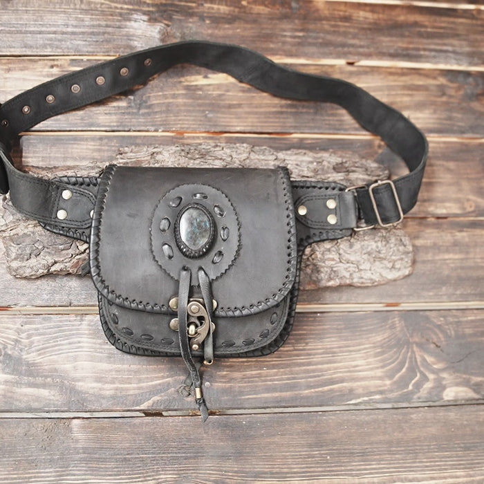 Gothic leather belt pouch with gemstone centerpiece