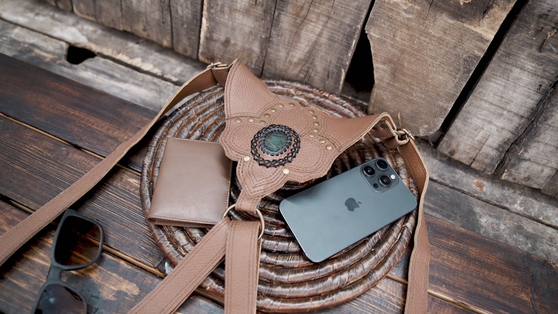 Handmade leather holster bag set with long fringe detailing