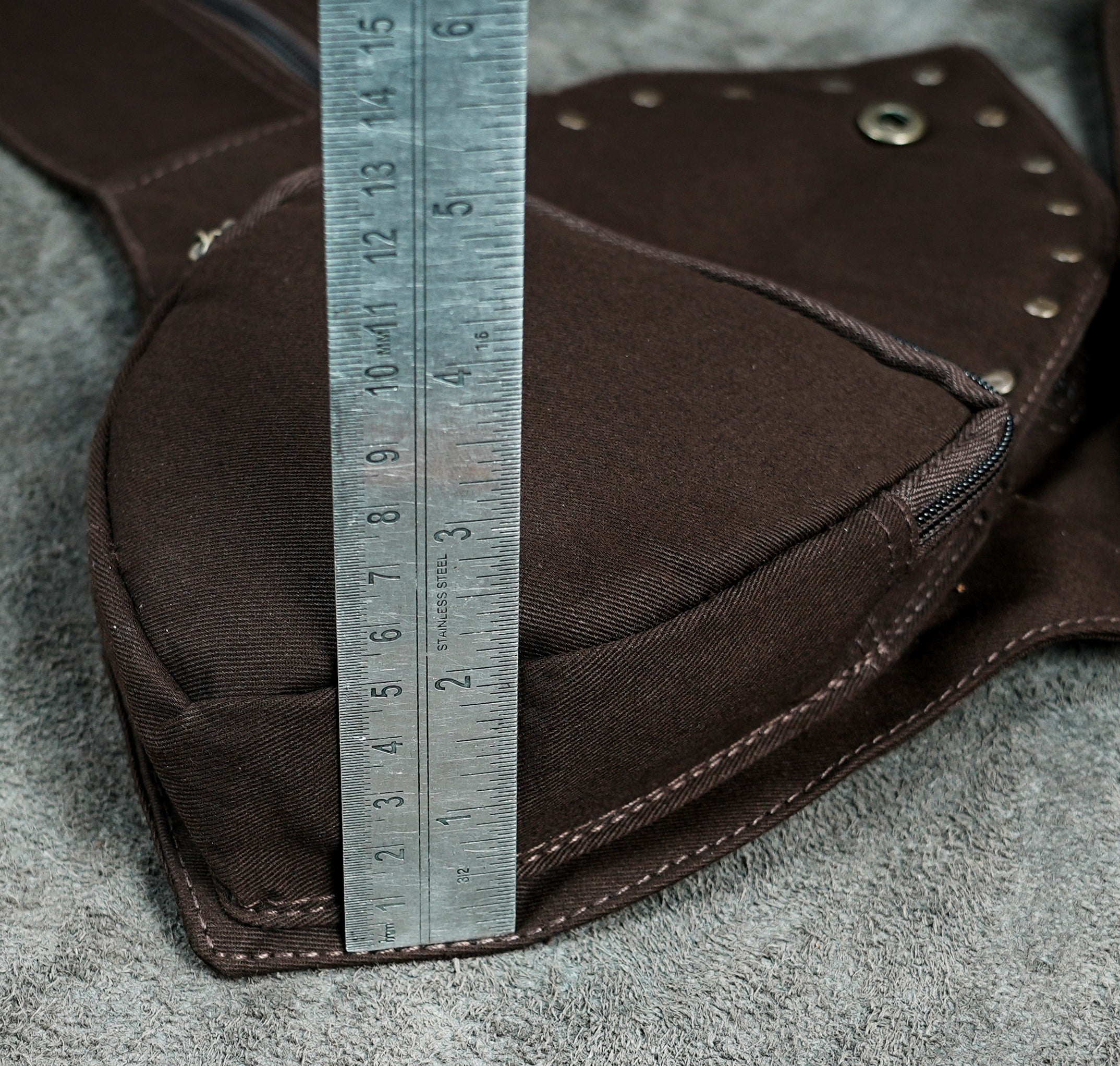 Brown cotton hippie hip bag with silver studs and snap pockets