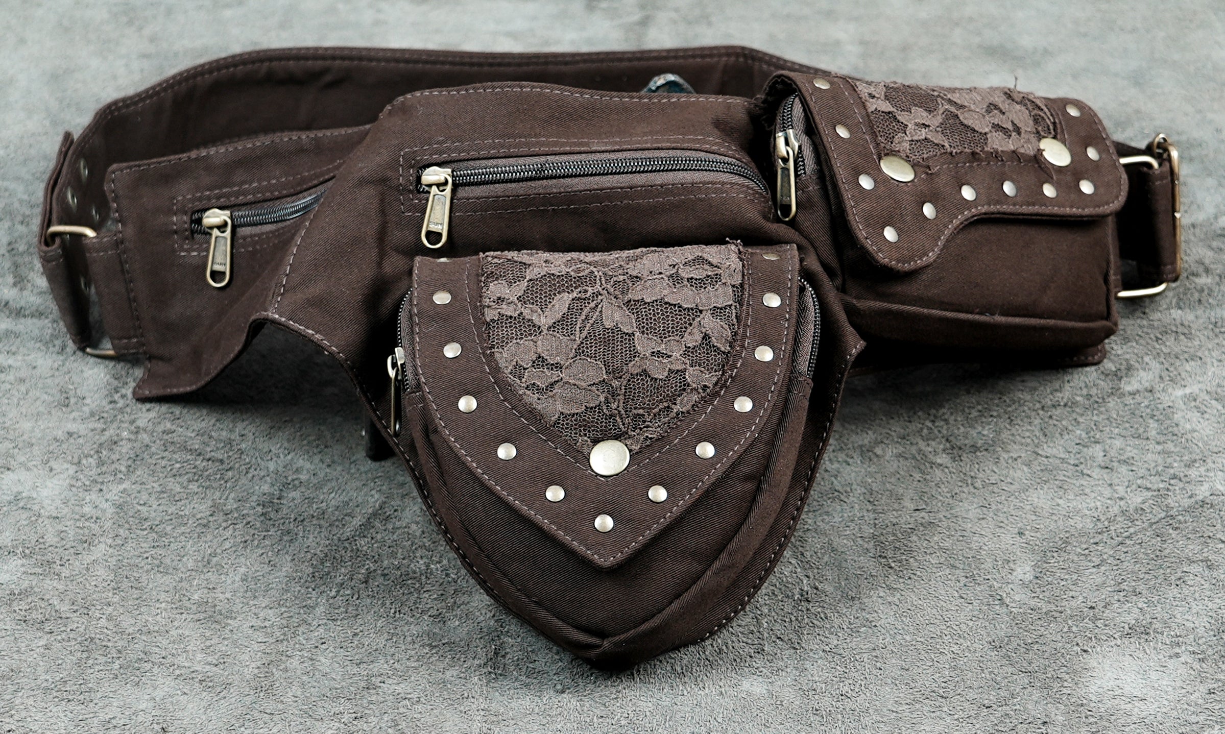 Brown cotton burning man belt bag with lace and metal studs