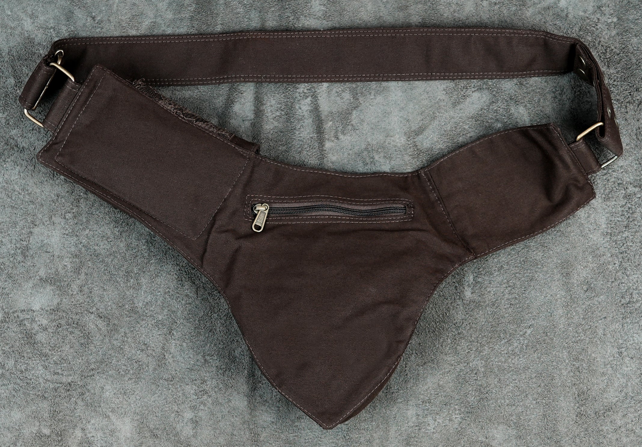 Boho chic brown cotton fanny pack with lace overlay and zipper